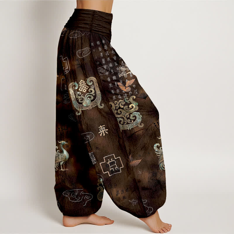 Buddha Stones Pantalon harem à taille élastique pour femme, en coton, motif nuage de phénix - image 1