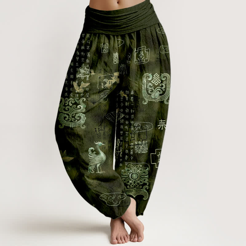 Buddha Stones Pantalon harem à taille élastique pour femme, en coton, motif nuage de phénix - Vert olive foncé - US16，UK/AU20，EU48 (3XL) - image 5