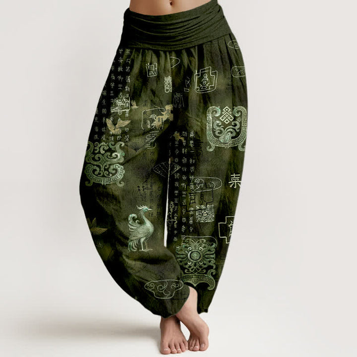 Buddha Stones Pantalon harem à taille élastique pour femme, en coton, motif nuage de phénix - Vert olive foncé - US16，UK/AU20，EU48 (3XL) - image 5
