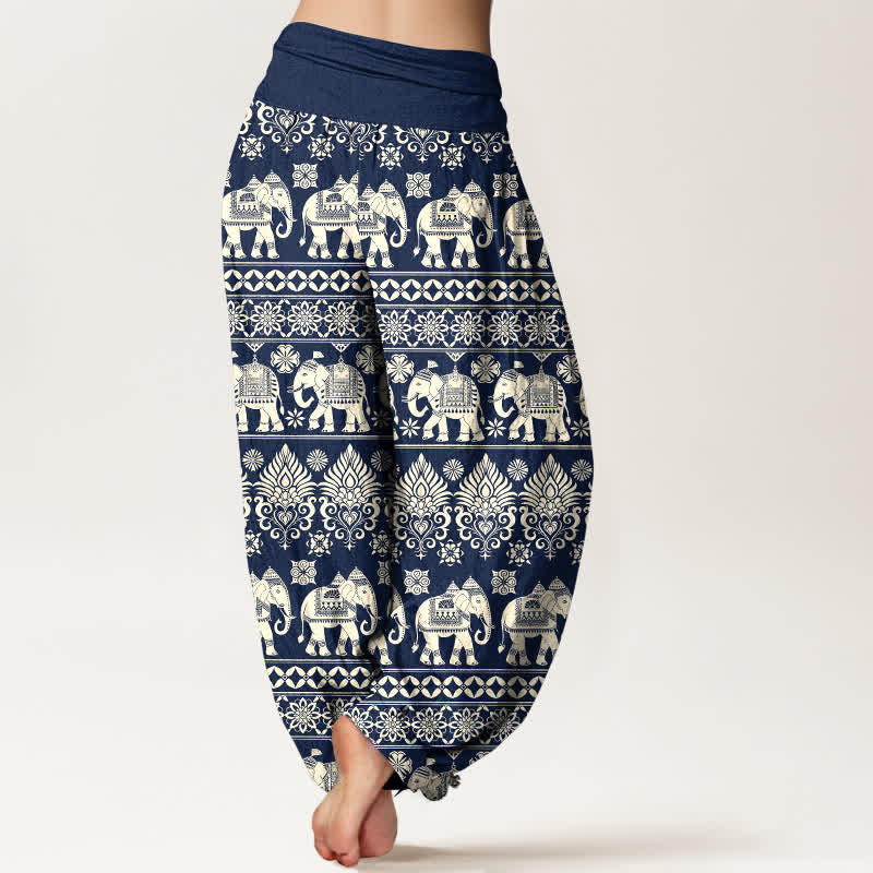Buddha Stones Pantalon harem à taille élastique pour femme, motif rayures tribales éléphant en coton - image 1