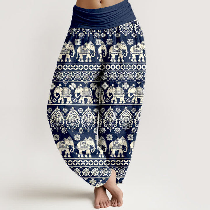 Buddha Stones Pantalon harem à taille élastique pour femme, motif rayures tribales éléphant en coton - Marine - US16，UK/AU20，EU48 (3XL) - image 0