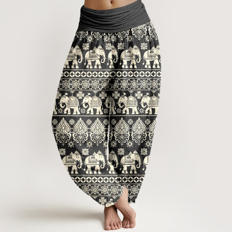 Buddha Stones Pantalon harem à taille élastique pour femme, motif rayures tribales éléphant en coton - Gris sombre - US16，UK/AU20，EU48 (3XL) - image 5