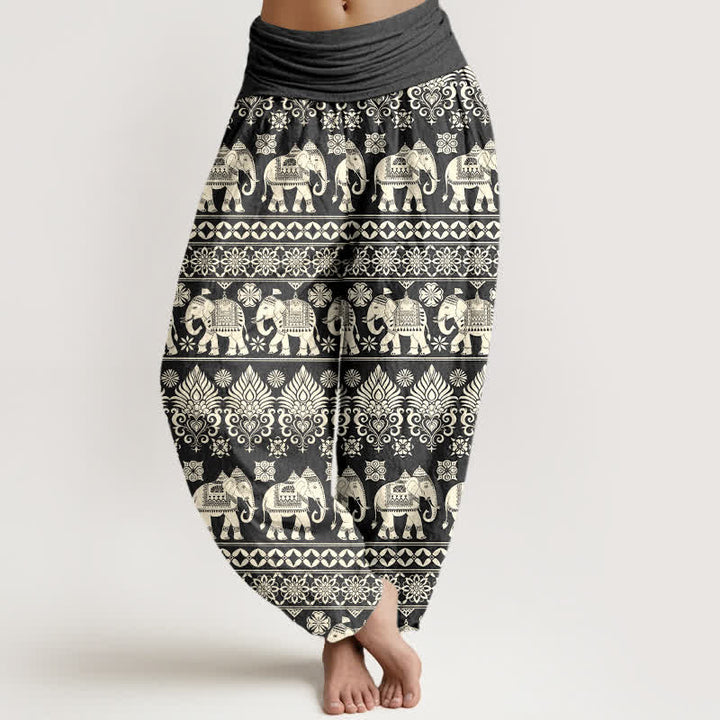 Buddha Stones Pantalon harem à taille élastique pour femme, motif rayures tribales éléphant en coton - Gris sombre - US16，UK/AU20，EU48 (3XL) - image 5