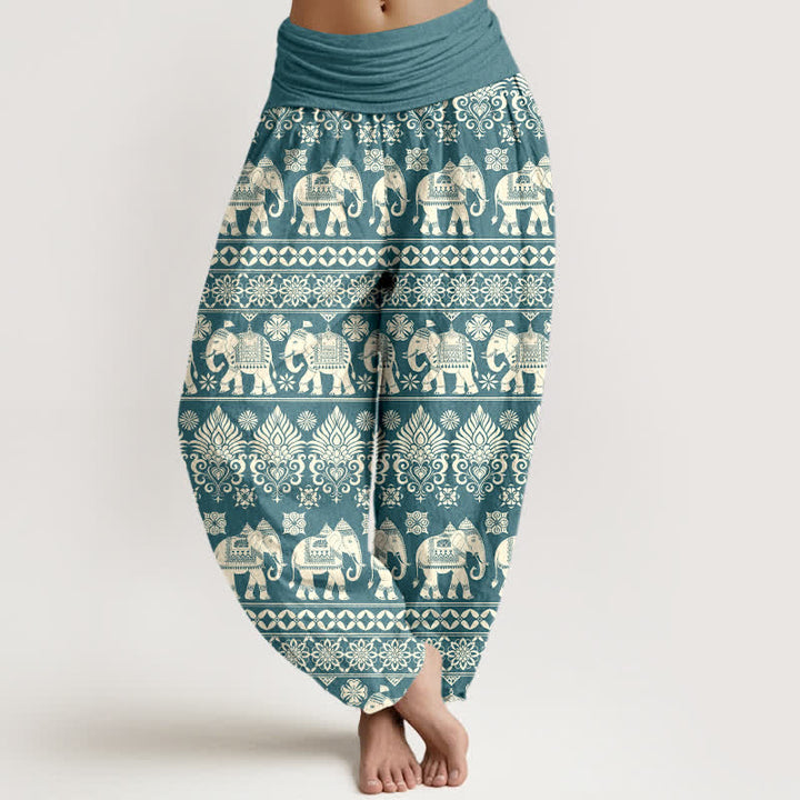 Buddha Stones Pantalon harem à taille élastique pour femme, motif rayures tribales éléphant en coton - Sarcelle - US16，UK/AU20，EU48 (3XL) - image 8