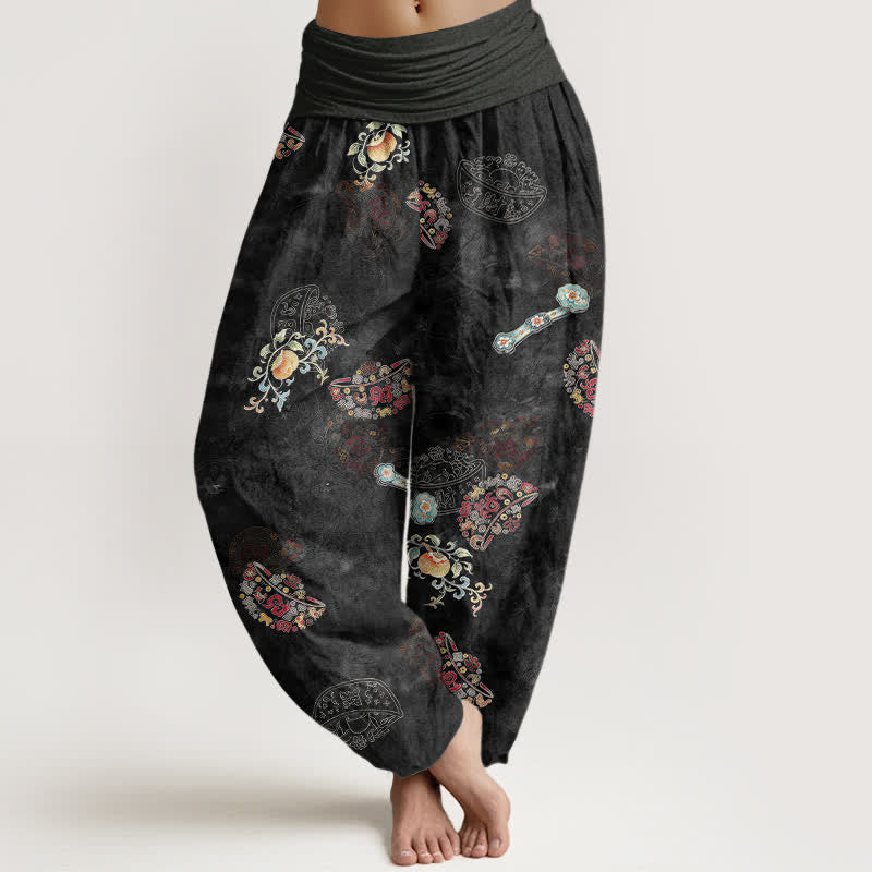 Buddha Stones Pantalon harem bohème en coton à motif floral en éventail pour femme, taille élastique - Noir - US16，UK/AU20，EU48 (3XL) - image 0