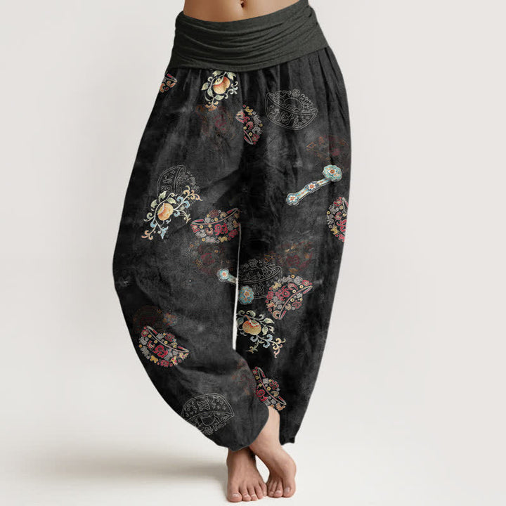 Buddha Stones Pantalon harem bohème en coton à motif floral en éventail pour femme, taille élastique - Noir - US16，UK/AU20，EU48 (3XL) - image 0