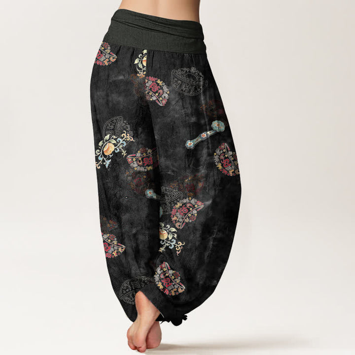 Buddha Stones Pantalon harem bohème en coton à motif floral en éventail pour femme, taille élastique - image 2