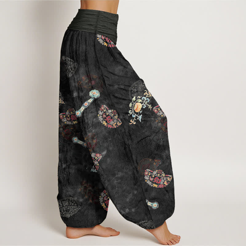 Buddha Stones Pantalon harem bohème en coton à motif floral en éventail pour femme, taille élastique - image 1