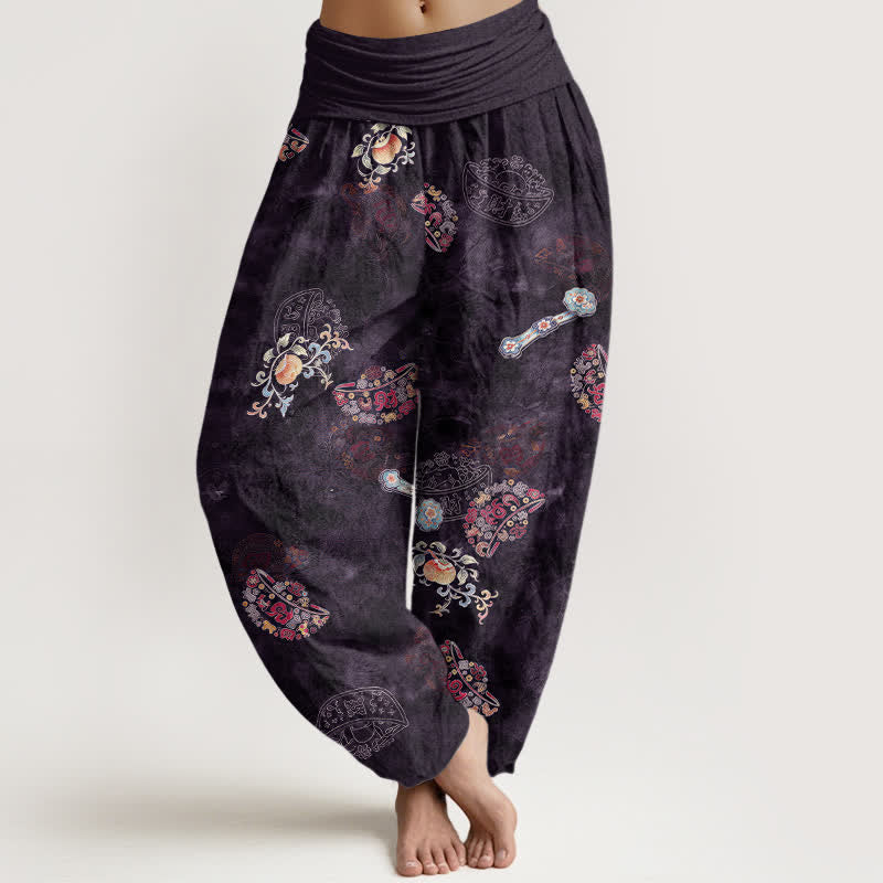 Buddha Stones Pantalon harem bohème en coton à motif floral en éventail pour femme, taille élastique - Indigo - US16，UK/AU20，EU48 (3XL) - image 5