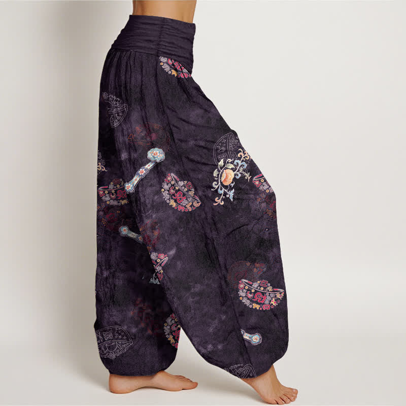 Buddha Stones Pantalon harem bohème en coton à motif floral en éventail pour femme, taille élastique - image 6