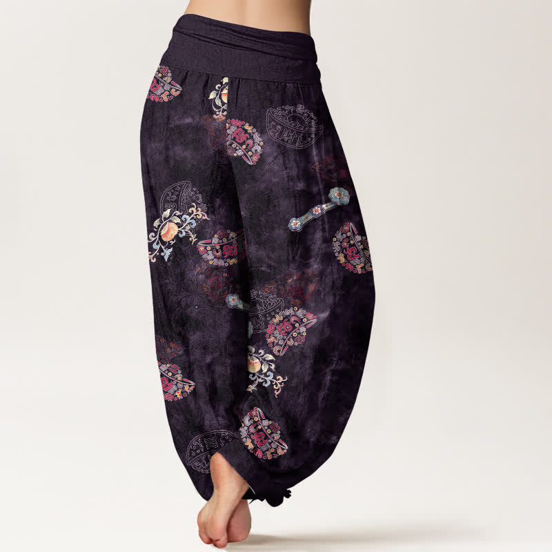 Buddha Stones Pantalon harem bohème en coton à motif floral en éventail pour femme, taille élastique - image 7