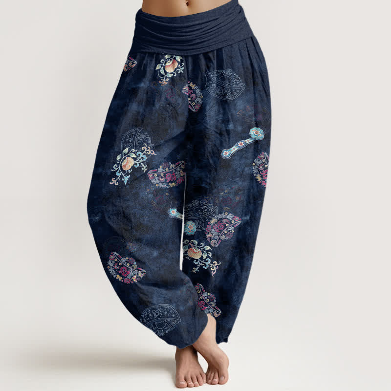 Buddha Stones Pantalon harem bohème en coton à motif floral en éventail pour femme, taille élastique - Marine - US16，UK/AU20，EU48 (3XL) - image 8