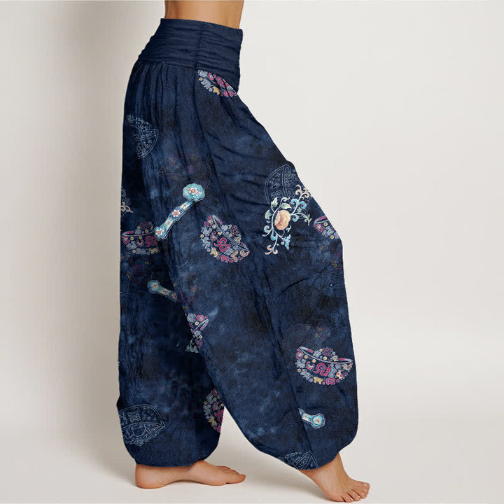 Buddha Stones Pantalon harem bohème en coton à motif floral en éventail pour femme, taille élastique - image 9