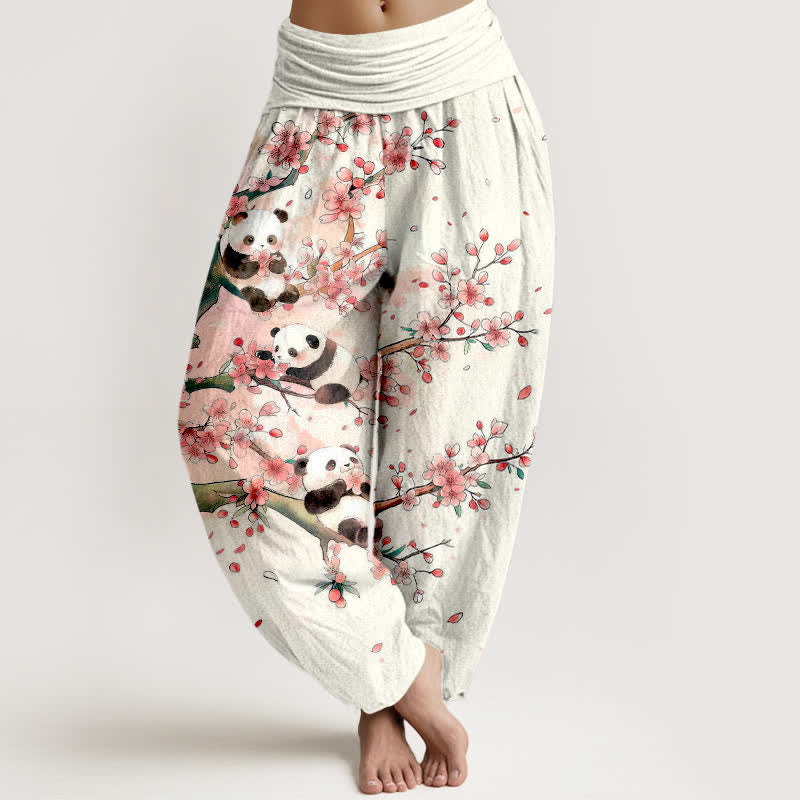 Buddha Stones Pantalon harem à taille élastique pour femme, motif panda et fleurs de sakura en coton. - Blanc - US16，UK/AU20，EU48 (3XL) - image 0