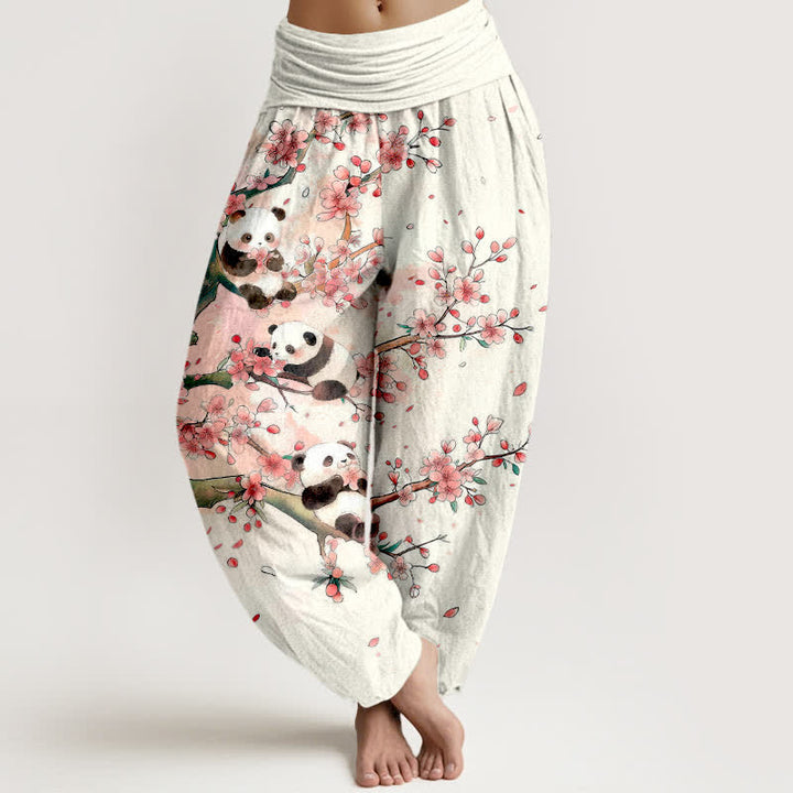 Buddha Stones Pantalon harem à taille élastique pour femme, motif panda et fleurs de sakura en coton. - Blanc - US16，UK/AU20，EU48 (3XL) - image 0