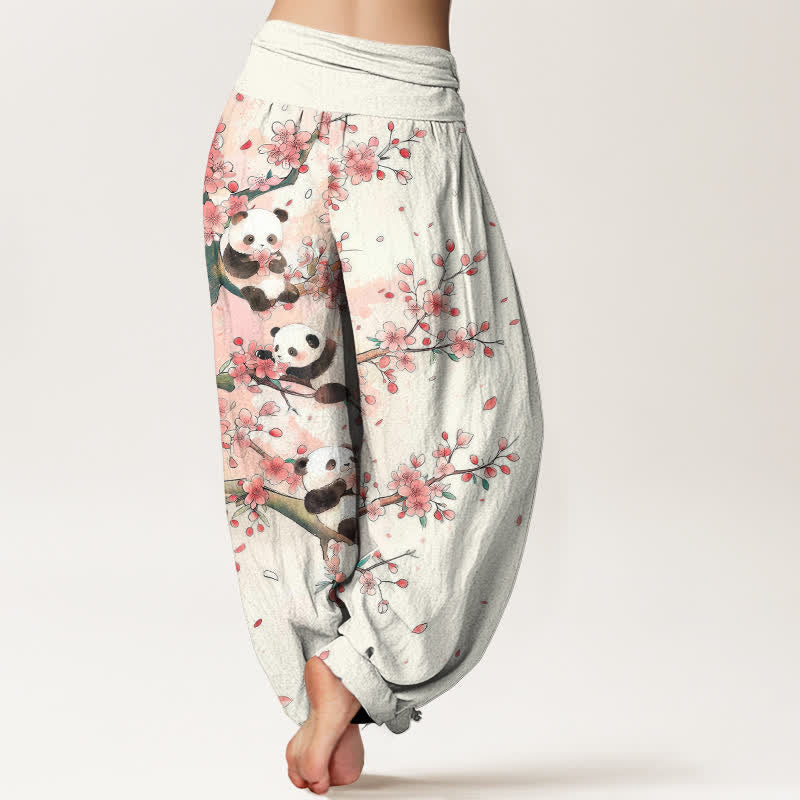 Buddha Stones Pantalon harem à taille élastique pour femme, motif panda et fleurs de sakura en coton. - image 2