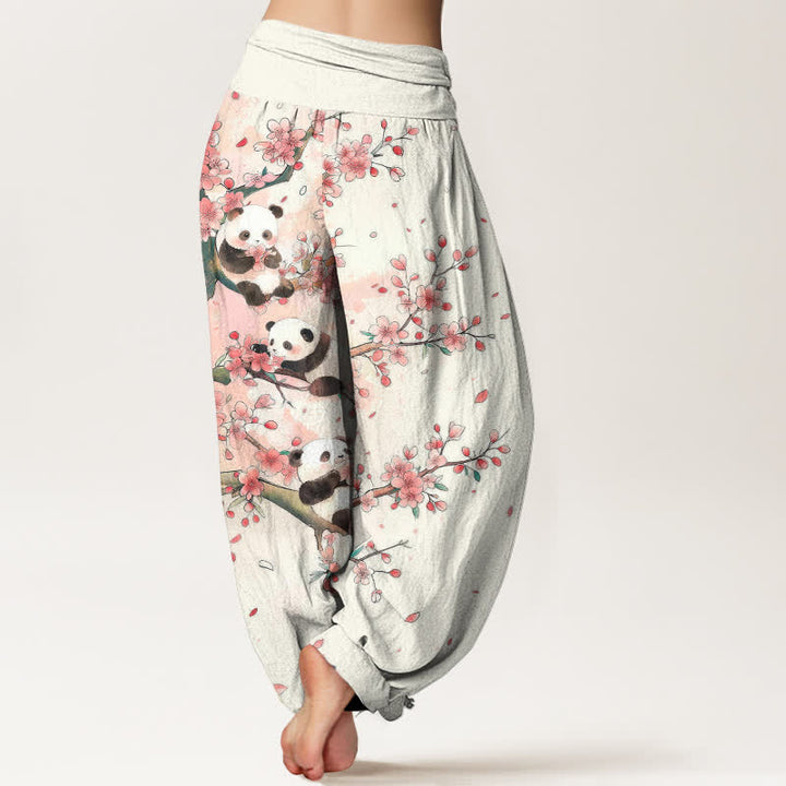 Buddha Stones Pantalon harem à taille élastique pour femme, motif panda et fleurs de sakura en coton. - image 2