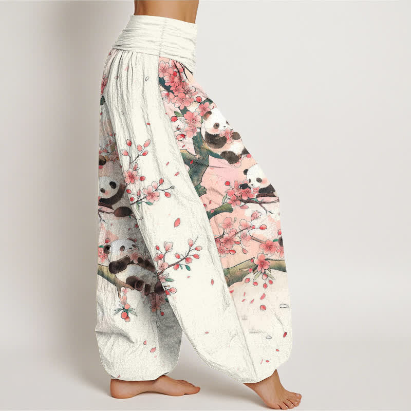 Buddha Stones Pantalon harem à taille élastique pour femme, motif panda et fleurs de sakura en coton. - image 1