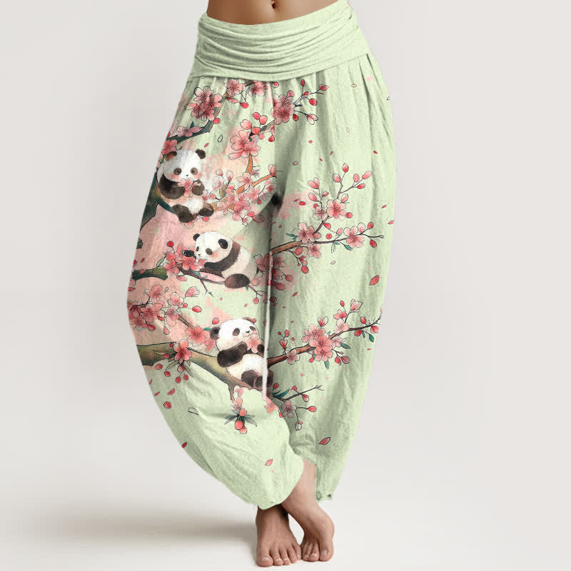 Buddha Stones Pantalon harem à taille élastique pour femme, motif panda et fleurs de sakura en coton. - Melon miellat - US16，UK/AU20，EU48 (3XL) - image 5