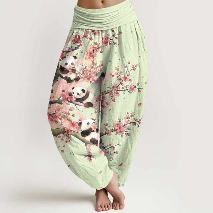 Buddha Stones Pantalon harem à taille élastique pour femme, motif panda et fleurs de sakura en coton. - Melon miellat - US16，UK/AU20，EU48 (3XL) - image 5