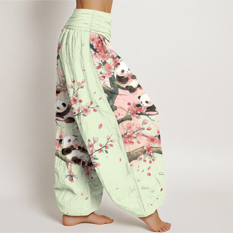Buddha Stones Pantalon harem à taille élastique pour femme, motif panda et fleurs de sakura en coton. - image 6