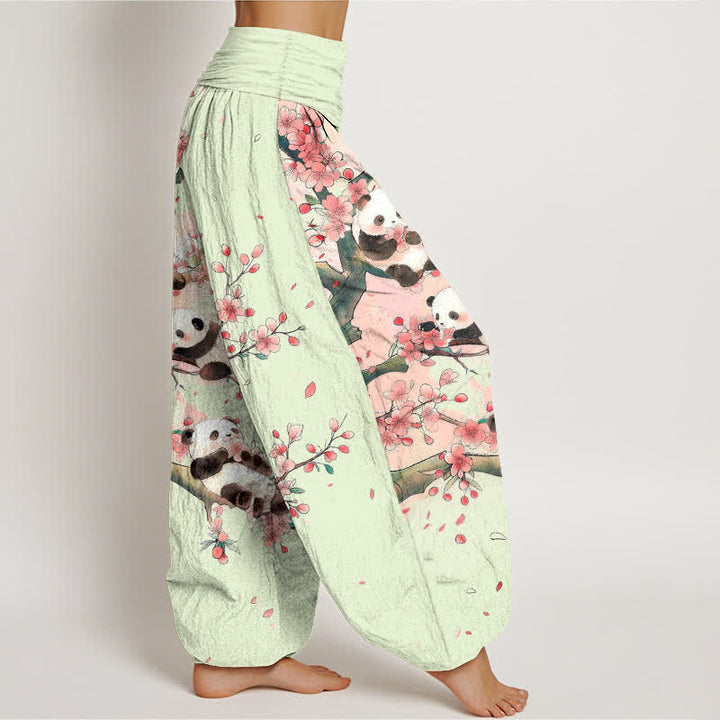 Buddha Stones Pantalon harem à taille élastique pour femme, motif panda et fleurs de sakura en coton. - image 6