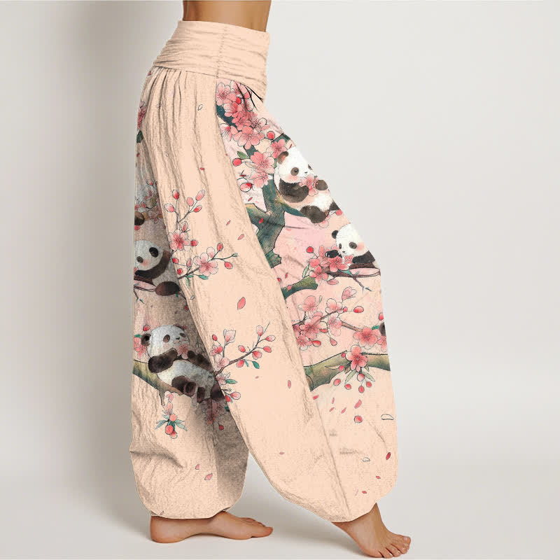 Buddha Stones Pantalon harem à taille élastique pour femme, motif panda et fleurs de sakura en coton. - image 9