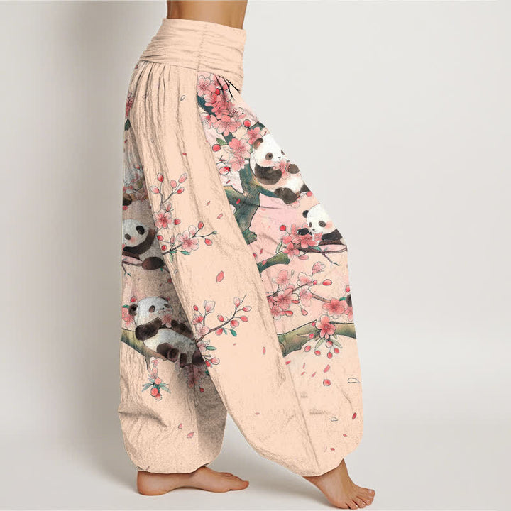 Buddha Stones Pantalon harem à taille élastique pour femme, motif panda et fleurs de sakura en coton. - image 9