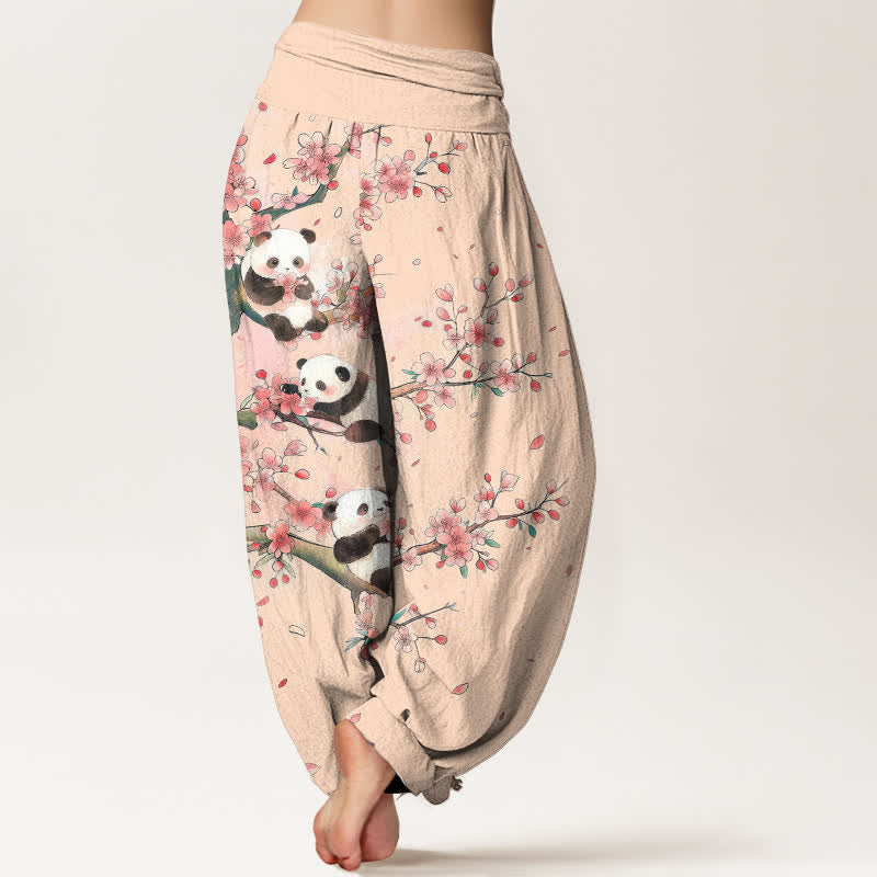 Buddha Stones Pantalon harem à taille élastique pour femme, motif panda et fleurs de sakura en coton. - image 10