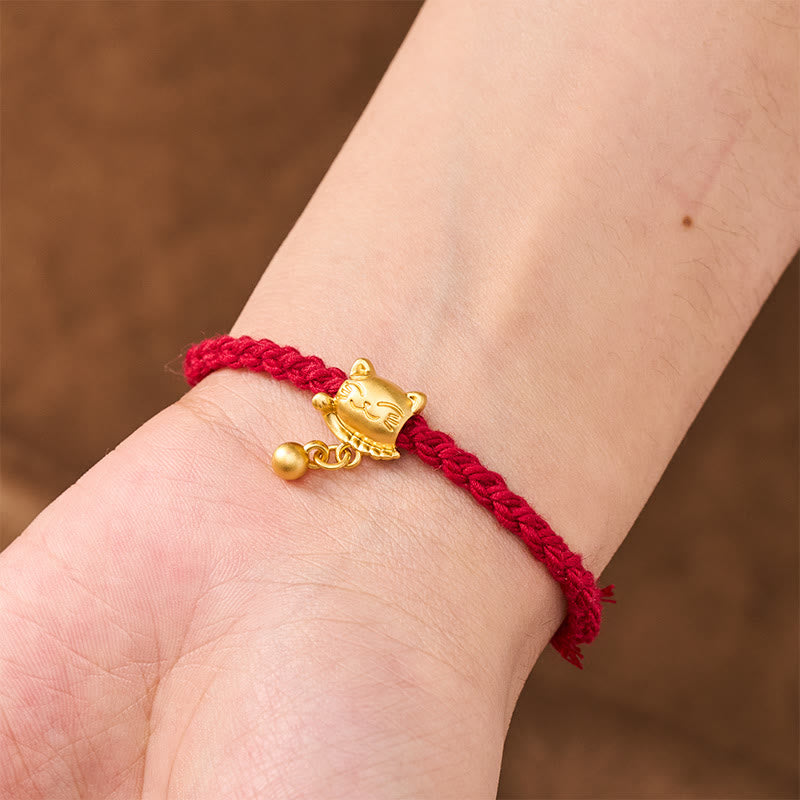 Buddha Stones Bracelet de protection tissé à la main, orné d'un pendentif chat porte-bonheur en cuivre et fil rouge tibétain. - image 5