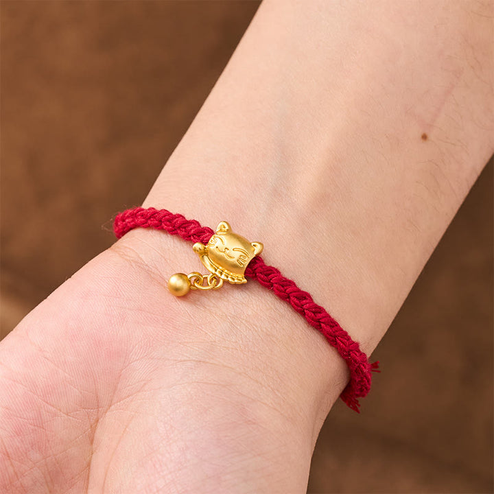 Buddha Stones Bracelet de protection tissé à la main, orné d'un pendentif chat porte-bonheur en cuivre et fil rouge tibétain. - image 5