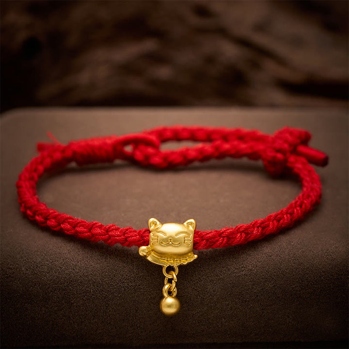 Buddha Stones Bracelet de protection tissé à la main, orné d'un pendentif chat porte-bonheur en cuivre et fil rouge tibétain. - image 13