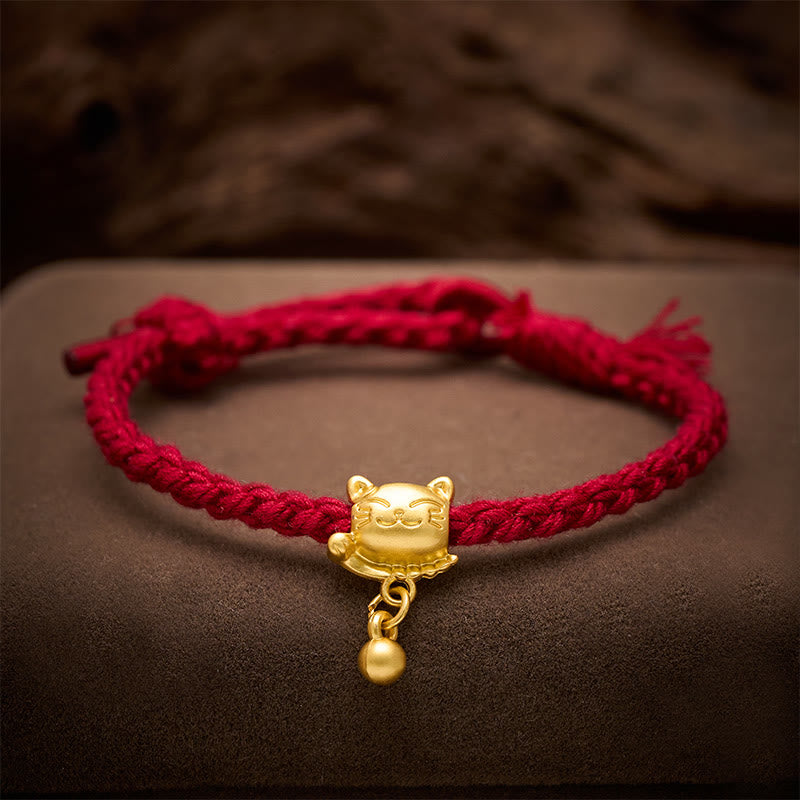 Buddha Stones Bracelet de protection tissé à la main, orné d'un pendentif chat porte-bonheur en cuivre et fil rouge tibétain. - image 3