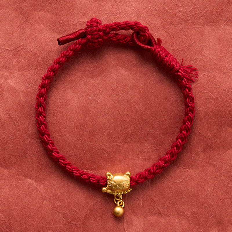 Buddha Stones Bracelet de protection tissé à la main, orné d'un pendentif chat porte-bonheur en cuivre et fil rouge tibétain. - image 2