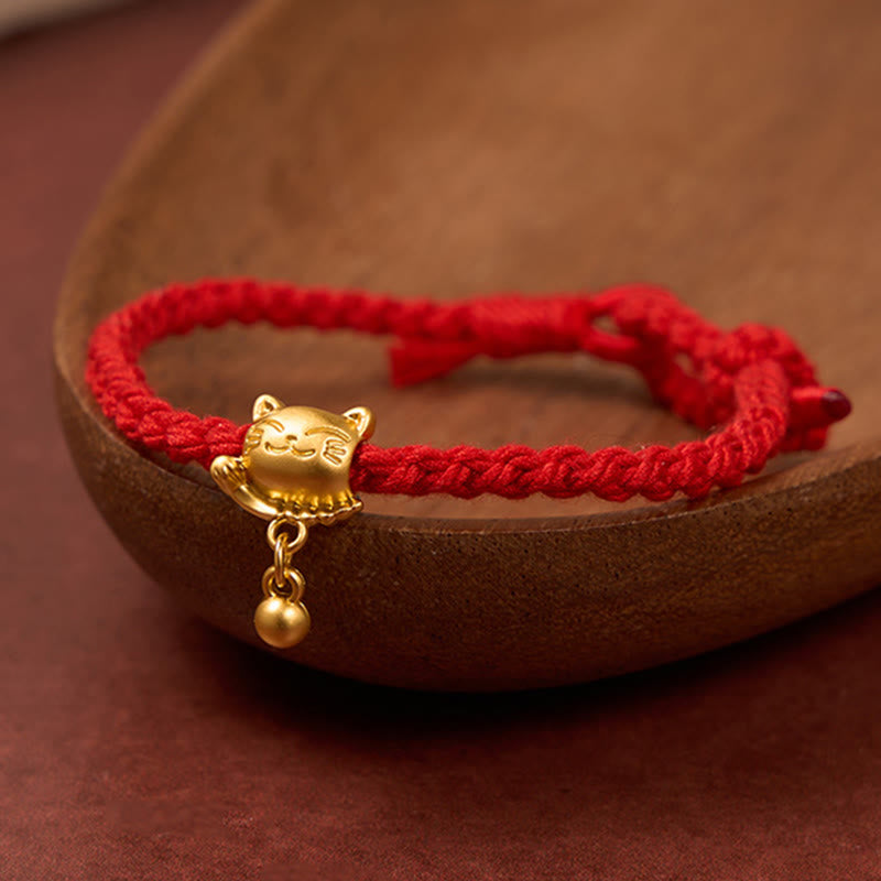 Buddha Stones Bracelet de protection tissé à la main, orné d'un pendentif chat porte-bonheur en cuivre et fil rouge tibétain. - Rouge (Tour de poignet 15-17 cm) - image 10