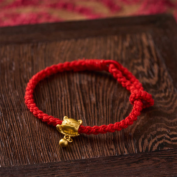 Buddha Stones Bracelet de protection tissé à la main, orné d'un pendentif chat porte-bonheur en cuivre et fil rouge tibétain. - image 14