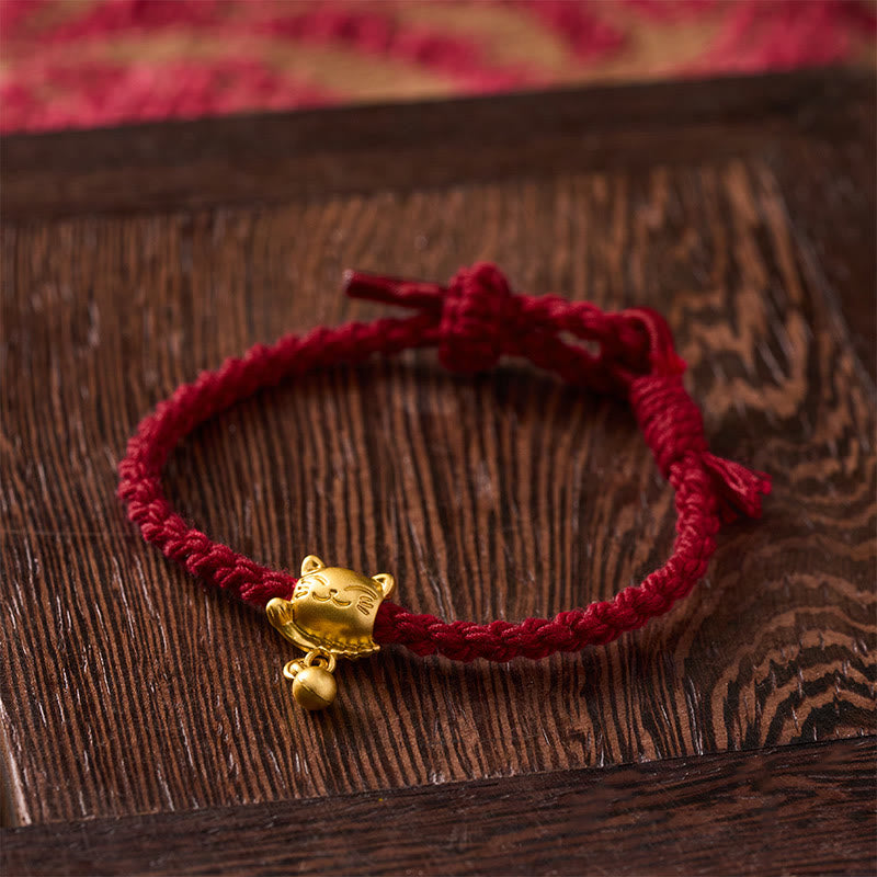 Buddha Stones Bracelet de protection tissé à la main, orné d'un pendentif chat porte-bonheur en cuivre et fil rouge tibétain. - image 4