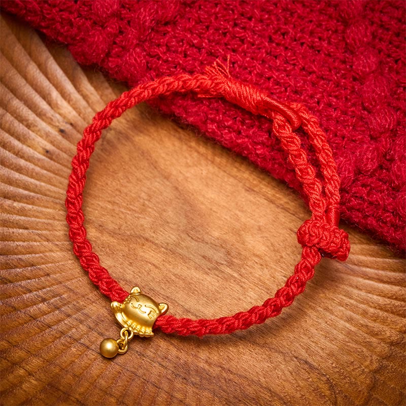 Buddha Stones Bracelet de protection tissé à la main, orné d'un pendentif chat porte-bonheur en cuivre et fil rouge tibétain. - image 11
