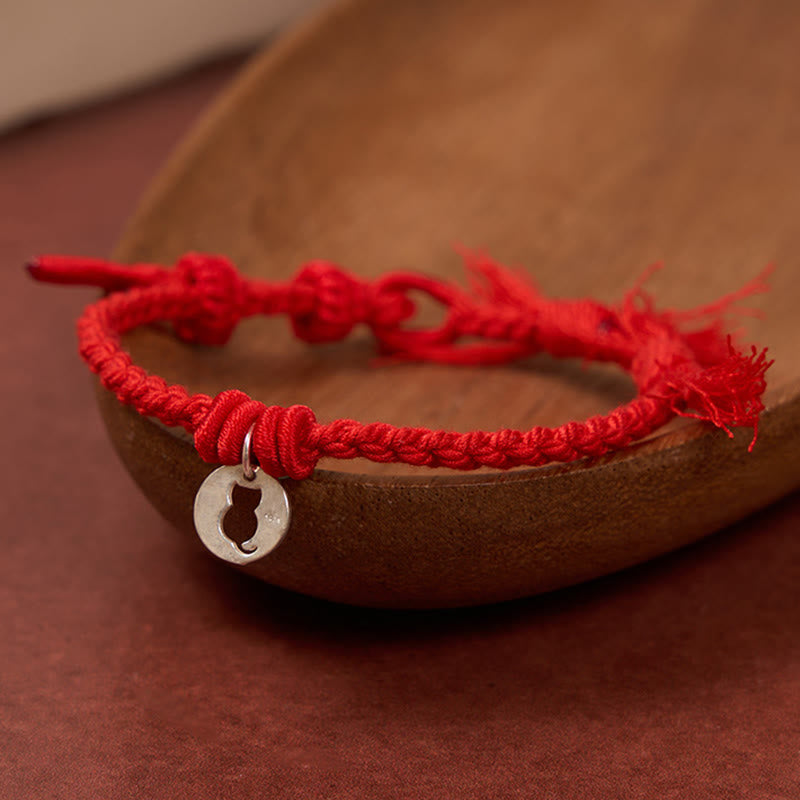 Buddha Stones Bracelet à breloques en argent sterling 925 avec cordon rouge et motif chat protecteur rond et ajouré - image 1
