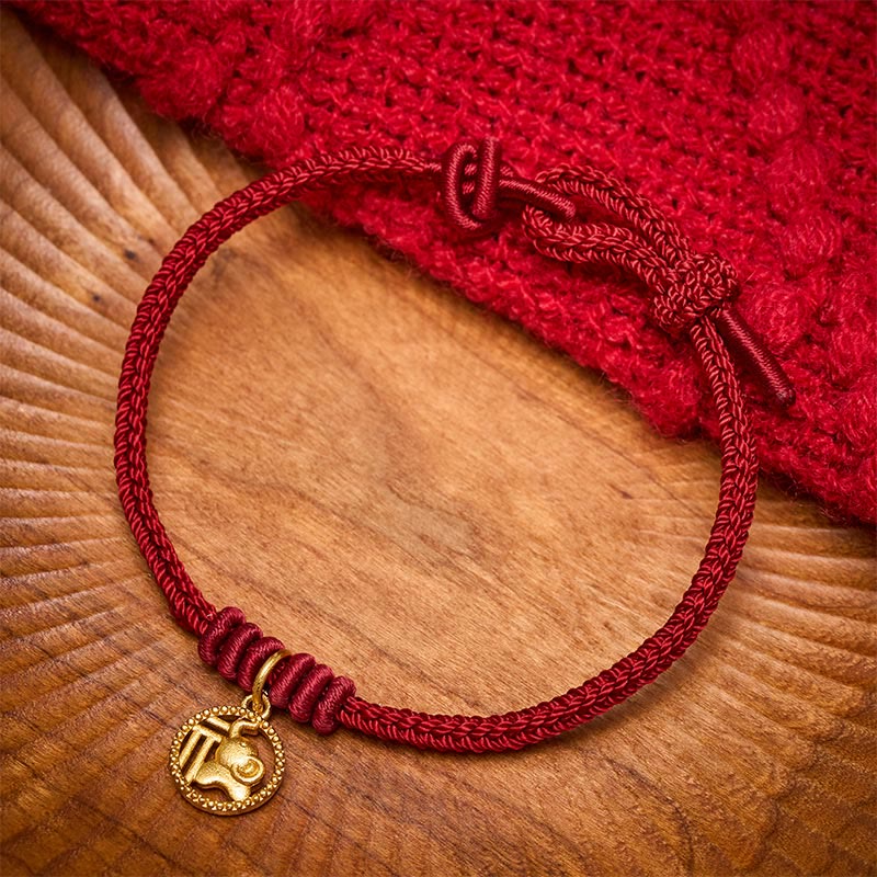 Buddha Stones Bracelet de richesse en cuivre plaqué or avec motif éléphant Fu et cordon rouge - image 12