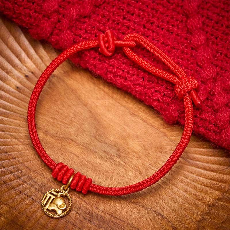 Buddha Stones Bracelet de richesse en cuivre plaqué or avec motif éléphant Fu et cordon rouge - image 1