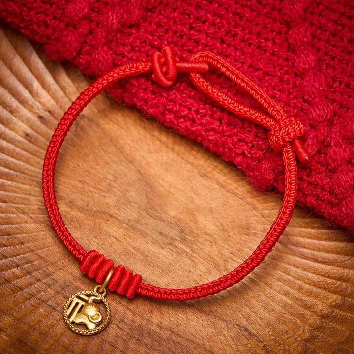 Buddha Stones Bracelet de richesse en cuivre plaqué or avec motif éléphant Fu et cordon rouge - image 1
