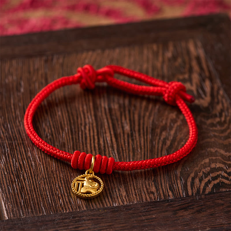 Buddha Stones Bracelet de richesse en cuivre plaqué or avec motif éléphant Fu et cordon rouge - image 3