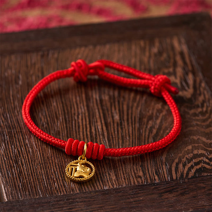 Buddha Stones Bracelet de richesse en cuivre plaqué or avec motif éléphant Fu et cordon rouge - image 3
