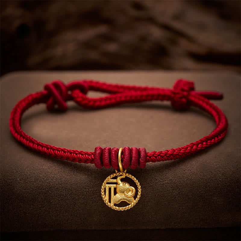 Buddha Stones Bracelet de richesse en cuivre plaqué or avec motif éléphant Fu et cordon rouge - Rouge foncé (tour de poignet 15-18 cm) - image 11