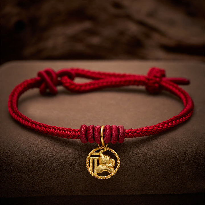 Buddha Stones Bracelet de richesse en cuivre plaqué or avec motif éléphant Fu et cordon rouge - Rouge foncé (tour de poignet 15-18 cm) - image 11