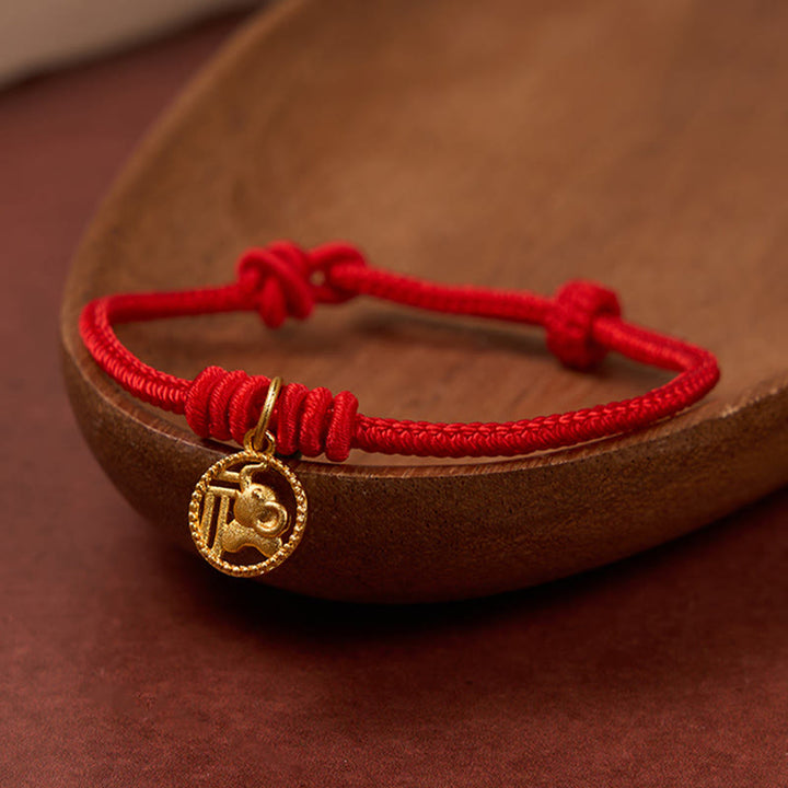 Buddha Stones Bracelet de richesse en cuivre plaqué or avec motif éléphant Fu et cordon rouge - image 2