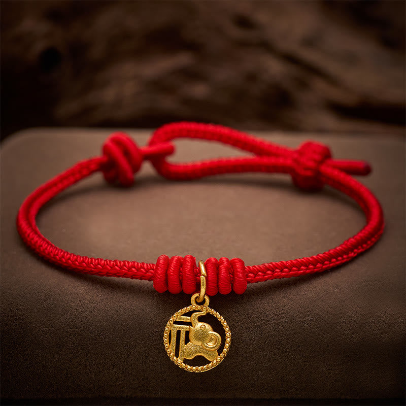 Buddha Stones Bracelet de richesse en cuivre plaqué or avec motif éléphant Fu et cordon rouge - Rouge (Tour de poignet 15-18 cm) - image 0