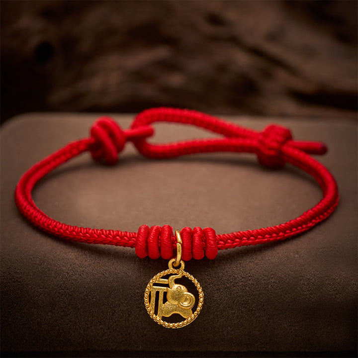 Buddha Stones Bracelet de richesse en cuivre plaqué or avec motif éléphant Fu et cordon rouge - Rouge (Tour de poignet 15-18 cm) - image 0