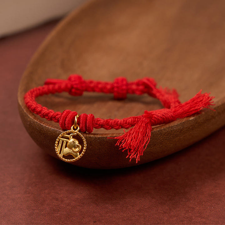 Buddha Stones Bracelet tibétain à cordon rouge et motif éléphant Fu plaqué or cuivre, équilibré - image 1